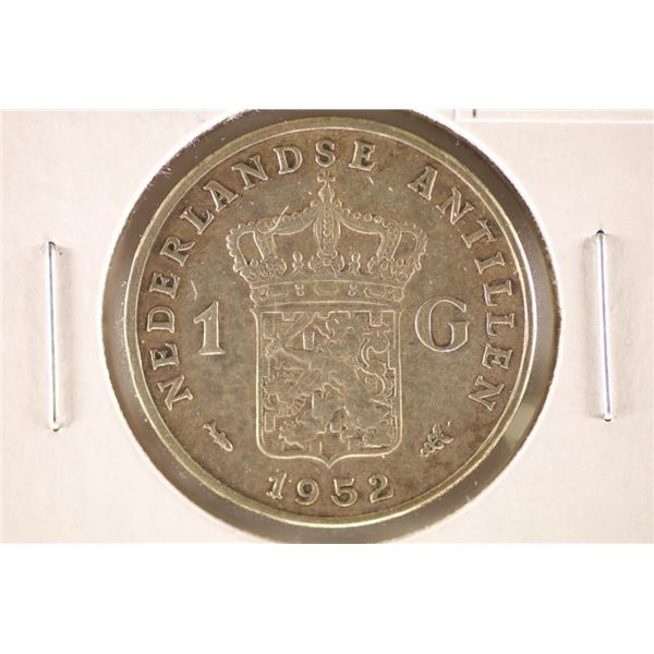 1952 NEDERLANDSE ANTILLES SILVER 1 GULDEN COIN