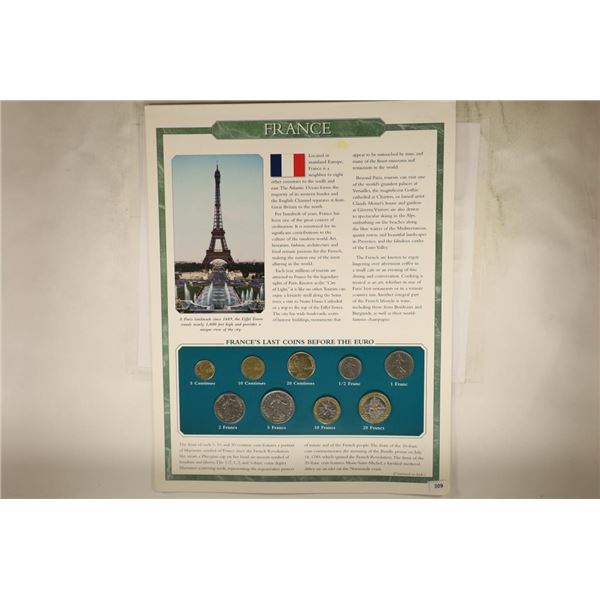 FRANCE 9 COIN UNC SET ON LARGE INFORMATIONAL CARD