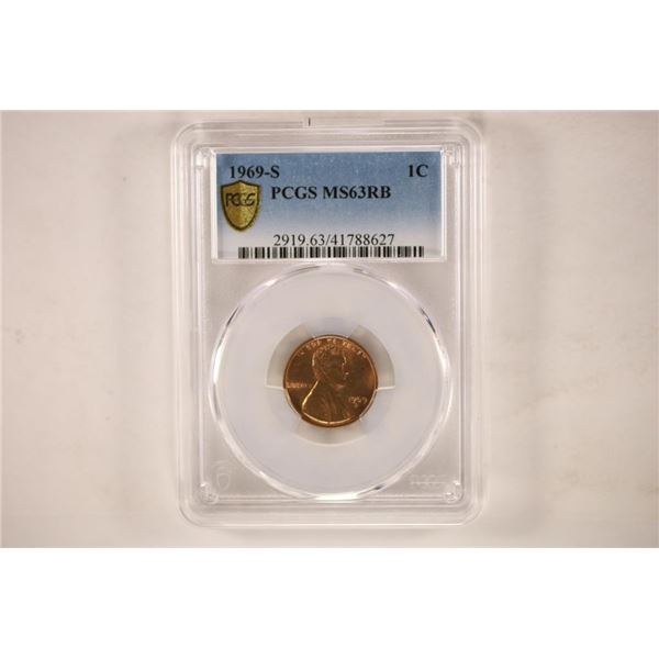 1969-S LINCOLN CENT PCGS MS63RB GOLD SHIELD LABEL