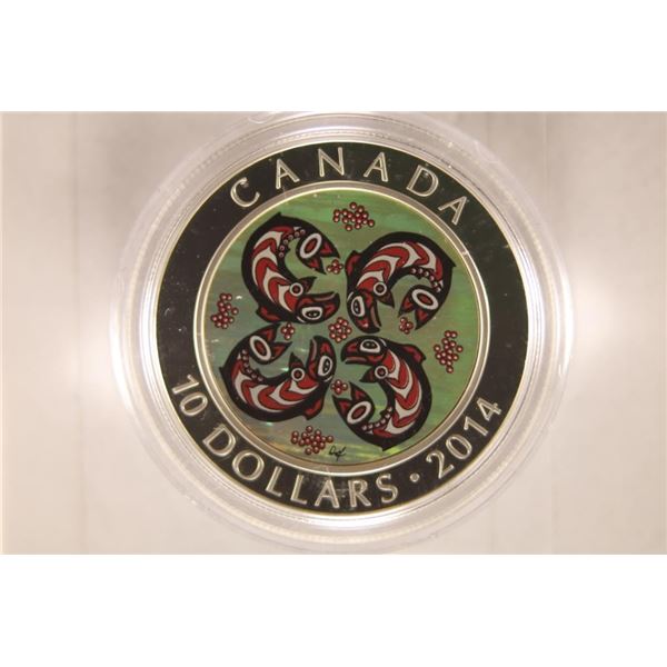 2014 CANADA SILVER $10 COIN.  SALMON DESIGN, PROOF