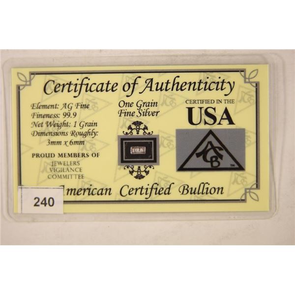 AMERICAN CERTIFIED BULLION: ONE GRAIN (NOT GRAM)