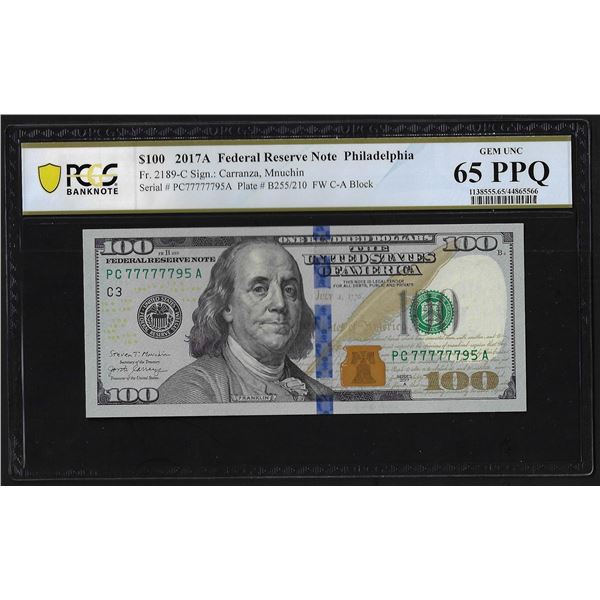 2017A $100 Federal Reserve Bank Note PCGS Gem Uncirculated 65PPQ Fancy Serial