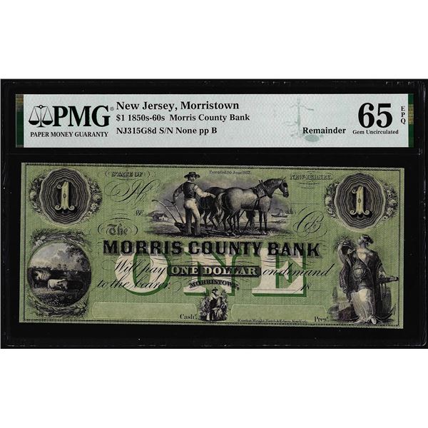 1850-60 $1 Morris County Bank Morristown, NJ Obsolete Note PMG Gem Uncirculated 65EPQ