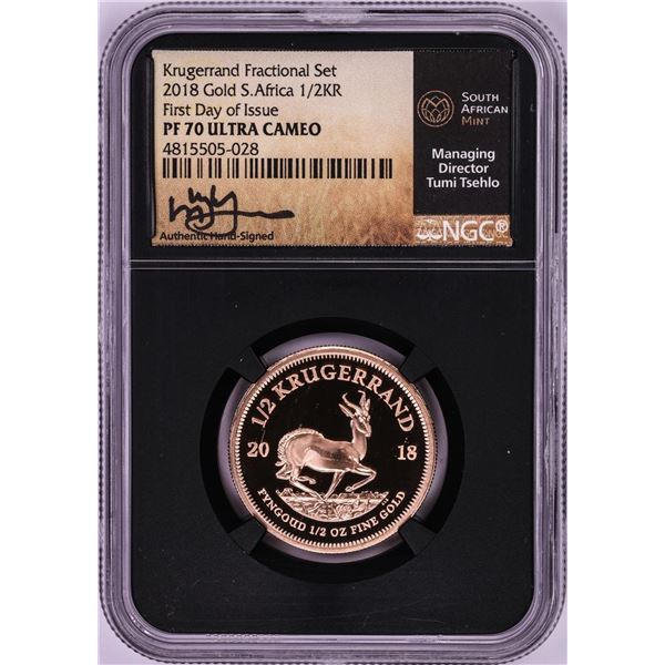 2018 South Africa Proof 1/2 Krugerrand Gold Coin NGC PF70 Ultra Cameo FDOI Signed