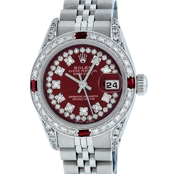 Rolex Ladies Stainless Steel Maroon Diamond Oyster Perpetual Datejust