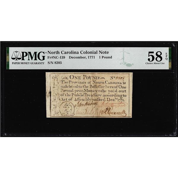 December 1771 North Carolina 1 Pound Colonial Note PMG Choice About Unc. 58EPQ