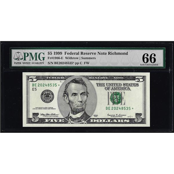 1999 $5 Federal Reserve Star Note Fr.1986-E PMG Gem Uncirculated 66EPQ