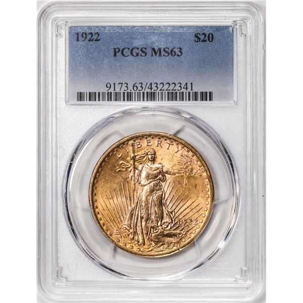 1922 $20 St. Gaudens Double Eagle Gold Coin PCGS MS63