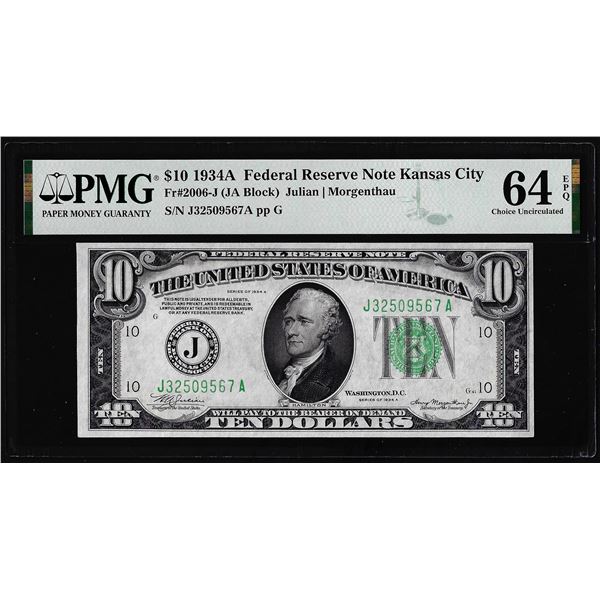 1934A $10 Federal Reserve Note Kansas City Fr.2006-J PMG Choice Uncirculated 64EPQ