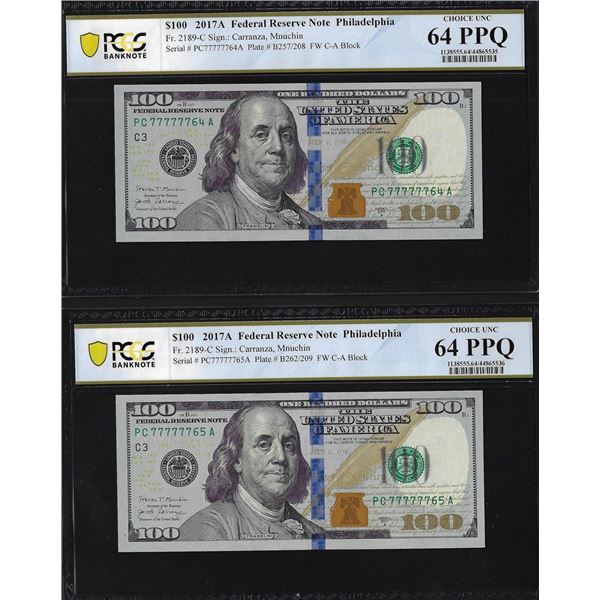 (2) Consec. 2017A $100 Federal Reserve Bank Notes PCGS Choice Unc. 64PPQ Fancy Serial