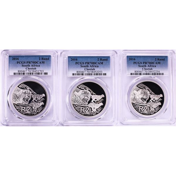 Lot of (3) 2016 Proof South Africa 2 Rand Cheetah Silver Coins PCGS PR70DCAM