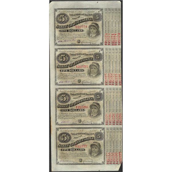 Uncut Sheet of (4) State of Louisiana Baby Bond Obsolete Notes
