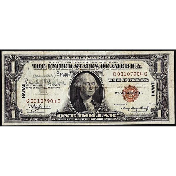 Short Snorter 1935A $1 Hawaii WWII Emergency Issue Silver Certificate Note