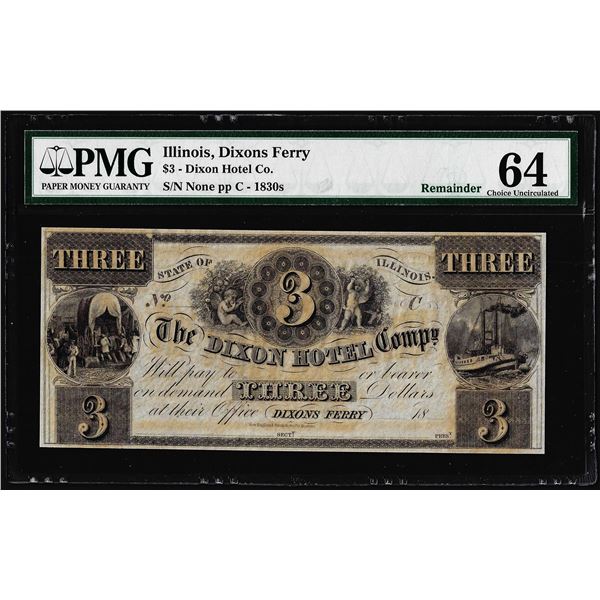 1800's $3 Dixon Hotel Dixons Ferry, IL Obsolete Note PMG Choice Uncirculated 64