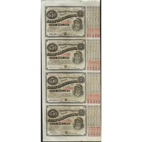 Uncut Sheet of (4) State of Louisiana Baby Bond Obsolete Notes