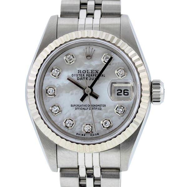 Rolex Ladies Stainless Steel Mother Of Pearl Diamond Quickset Datejust Wristwatch