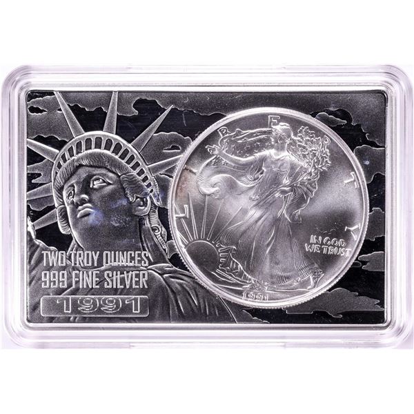 1991 $1 American Silver Eagle Coin & 2oz Silver Bar Set