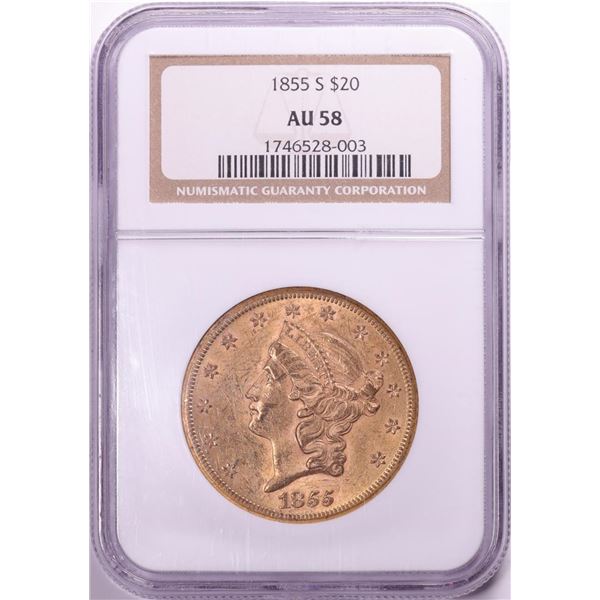 1855-S $20 Liberty Head Double Eagle Gold Coin NGC AU58