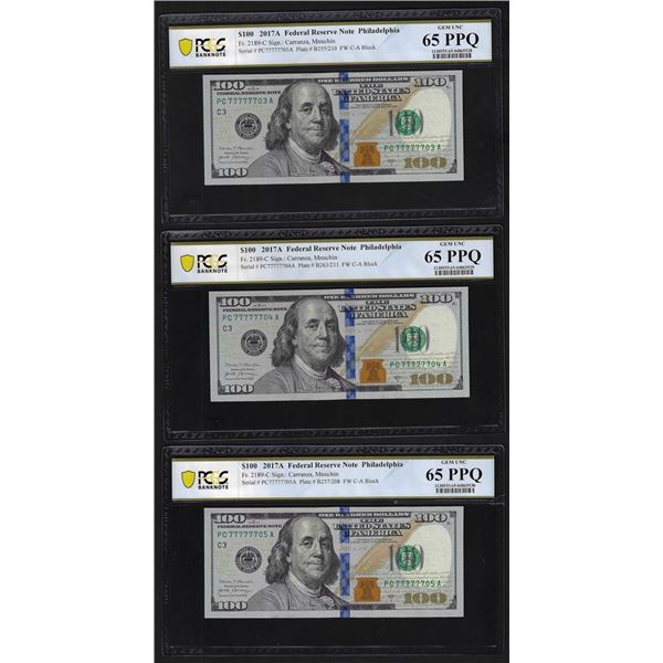 (3) Consec. 2017A $100 Federal Reserve Bank Notes PCGS Gem Unc. 65PPQ Fancy Serial