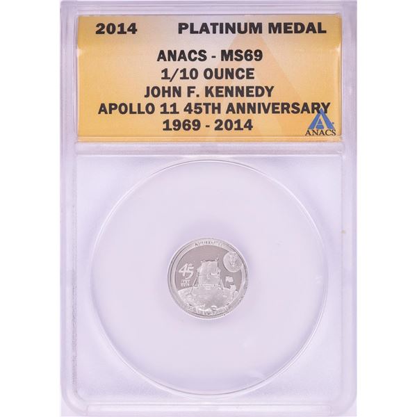 2014 Proof 1/10 oz Platinum JFK Apollo 11 Anniversary Medal ANACS MS69