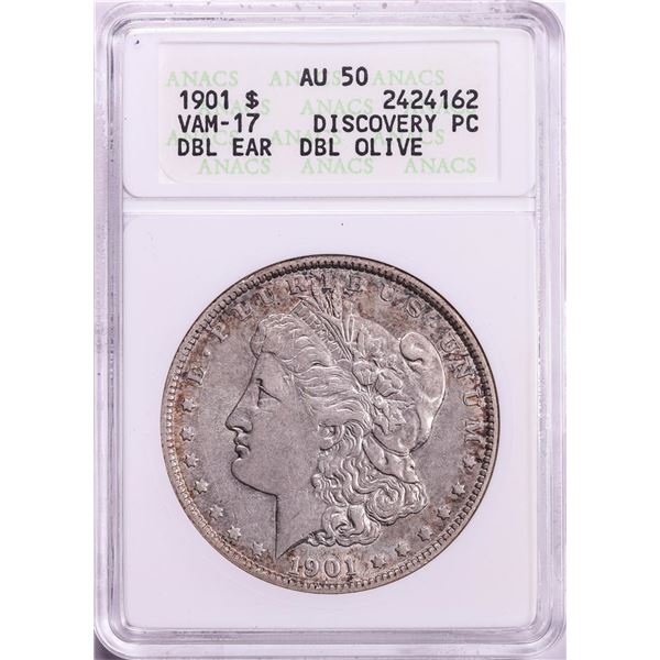 1901 VAM-17 DBL Ear Double Olive Discovery PC $1 Morgan Silver Dollar Coin ANACS AU50