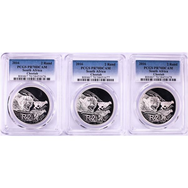 Lot of (3) 2016 Proof South Africa 2 Rand Cheetah Silver Coins PCGS PR70DCAM