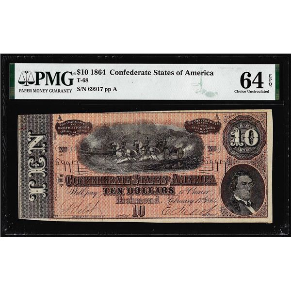 1864 $10 Confederate States of America Note T-68 PMG Choice Uncirculated 64EPQ