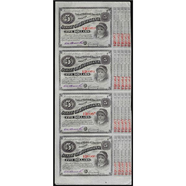 Uncut Sheet of (4) State of Louisiana Baby Bond Obsolete Notes