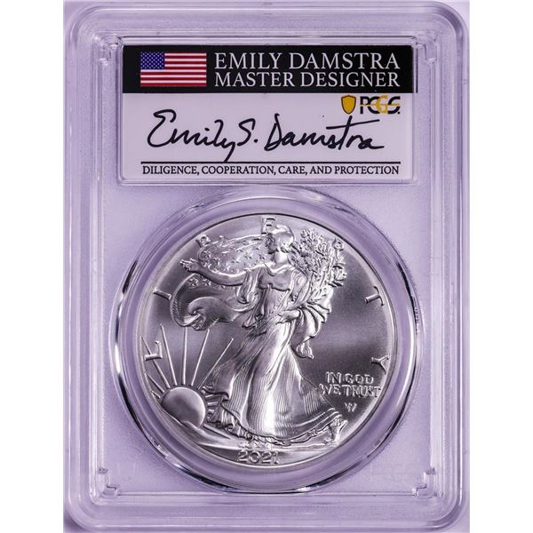 2021 Type 2 $1 American Silver Eagle Coin PCGS MS70 First Strike Damstra Signature