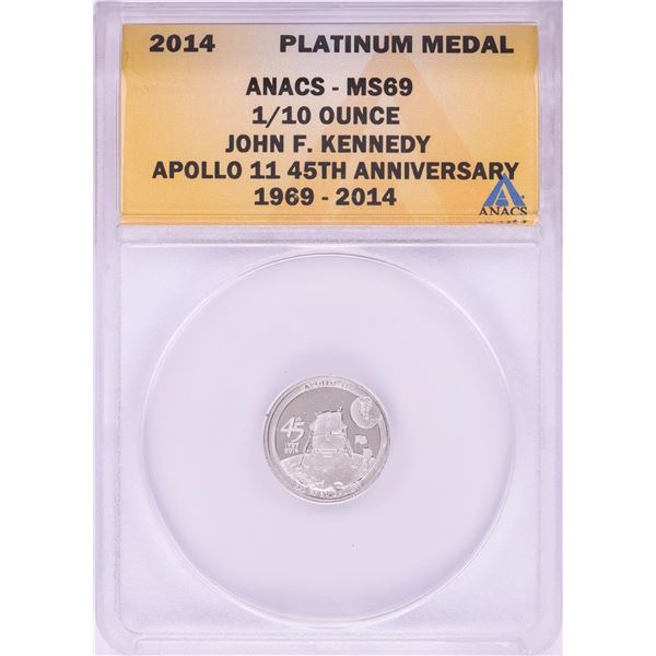 2014 Proof 1/10 oz Platinum JFK Apollo 11 Anniversary Medal ANACS MS69
