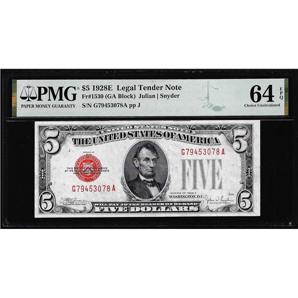 1928E $5 Legal Tender Note Fr.1530 PMG Choice Uncirculated 64EPQ