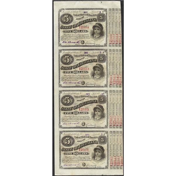 Uncut Sheet of (4) State of Louisiana Baby Bond Obsolete Notes