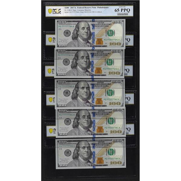 (5) Consec. 2017A $100 Federal Reserve Bank Notes PCGS Gem Unc. 65PPQ Fancy Serial
