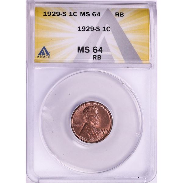 1929-S Lincoln Wheat Cent Coin ANACS MS64 RB