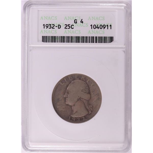 1932-D Washington Quarter Coin ANACS G4 Old Soap Box Holder