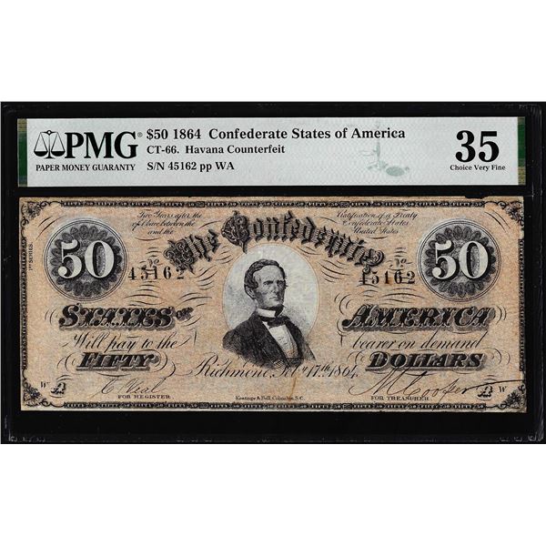 1864 $50 Confederate States of America Havana Counterfeit Note CT-66 PMG Choice VF35