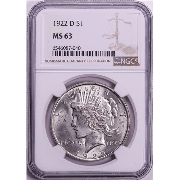 1922-D $1 Peace Silver Dollar Coin NGC MS63