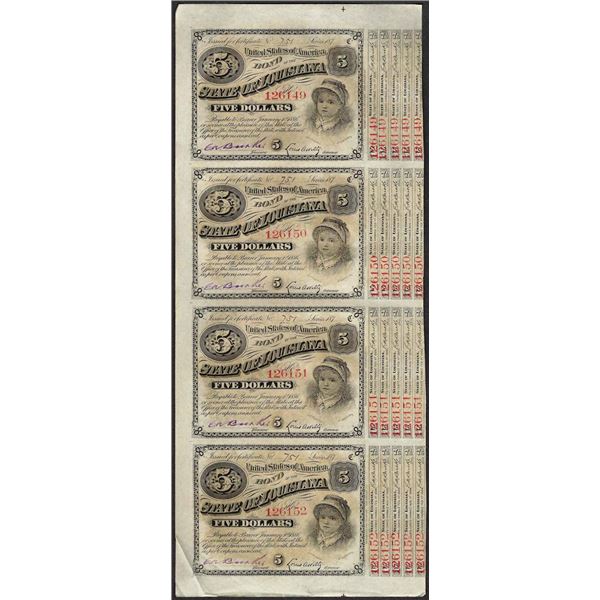 Uncut Sheet of (4) State of Louisiana Baby Bond Obsolete Notes