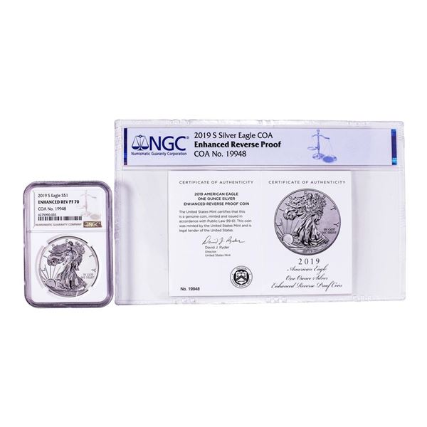 2019-S $1 Enhanced Reverse Proof American Silver Eagle Coin NGC PF70 w/ COA