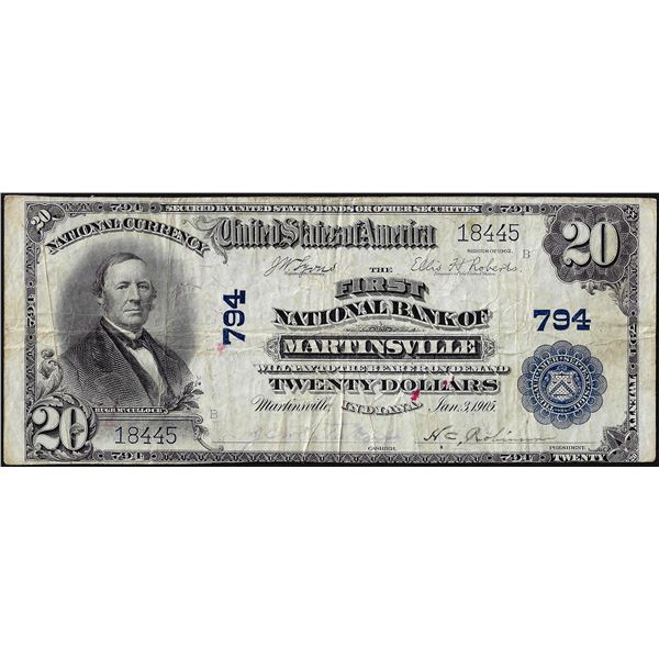 1902PB $20 First National Bank of Martinsville, IN CH# 794 National Currency Note