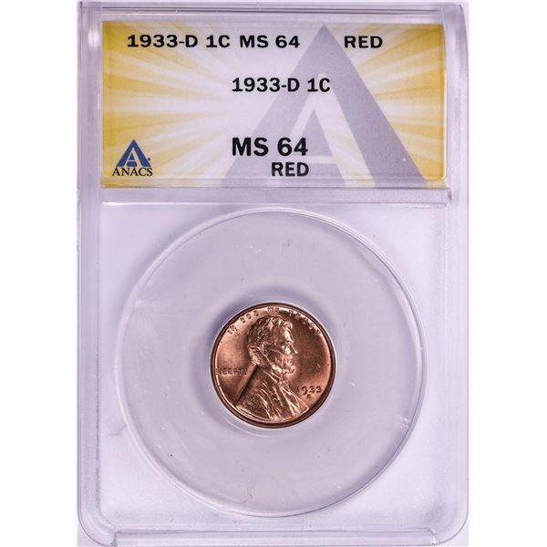 1933-D Lincoln Wheat Cent Coin ANACS MS64 Red