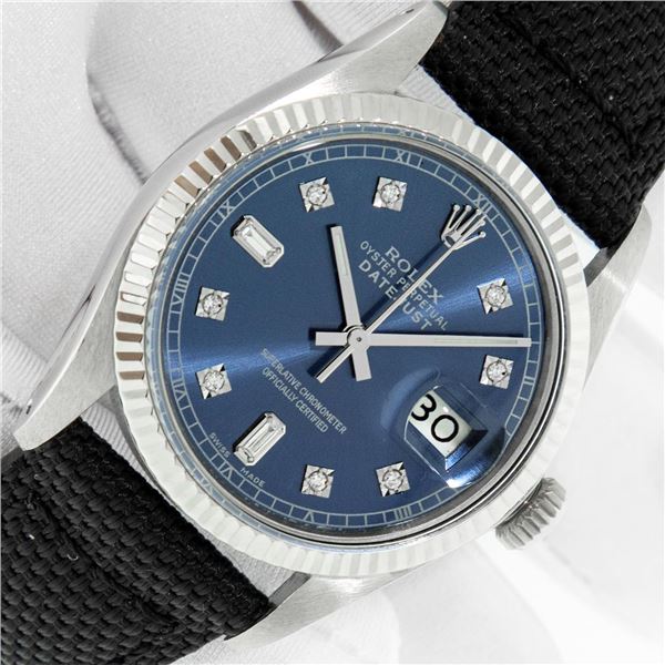 Rolex Men's Stainless Steel Blue Diamond Datejust Wristwatch with Nylon Strap