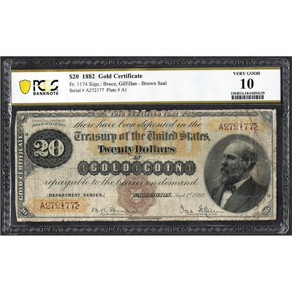 1882 $20 Gold Certificate Note Fr. 1174 PCGS Very Good 10 Brown Seal