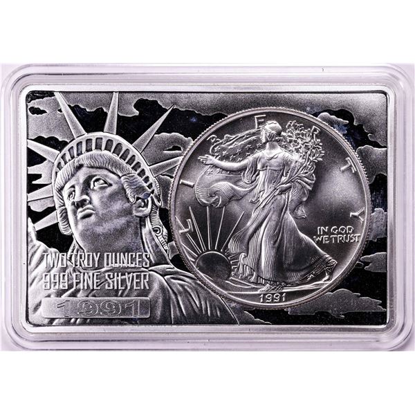 1991 $1 American Silver Eagle Coin & 2oz Silver Bar Set