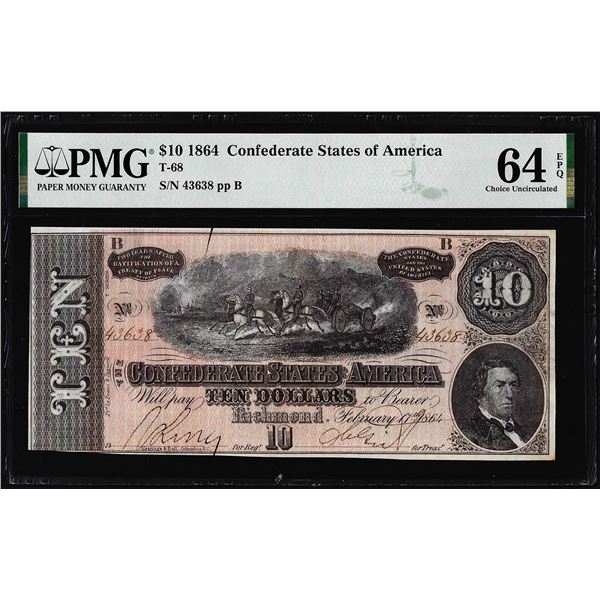 1864 $10 Confederate States of America Note T-68 PMG Choice Uncirculated 64EPQ