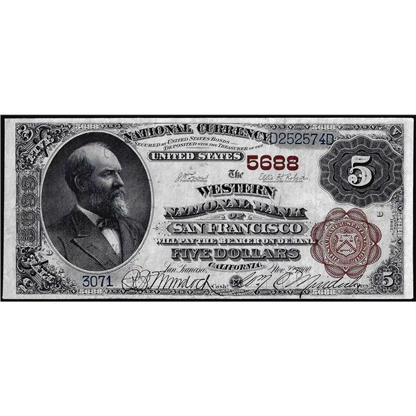1882BB $5 Western National Bank of San Francisco, CA CH# 5688 National Currency Note