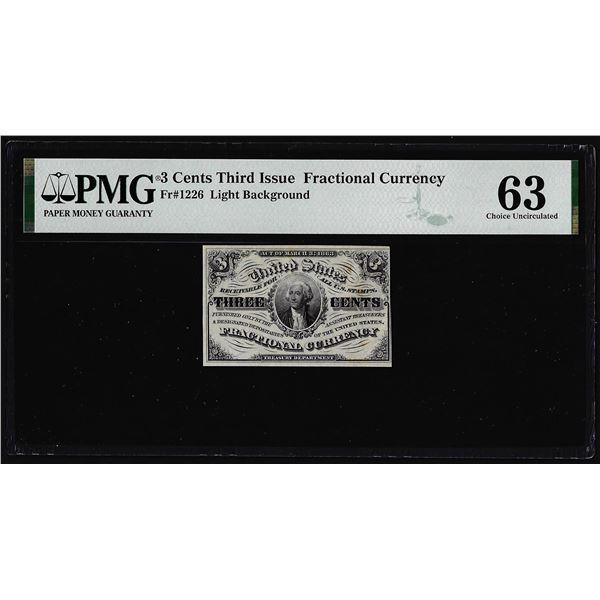 1863 Third Issue Three Cents Fractional Note Fr.1226 PMG Choice Uncirculated 63