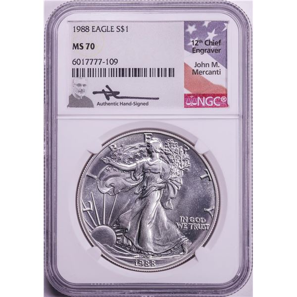 1988 $1 American Silver Eagle Coin NGC MS70 John Mercanti Signature