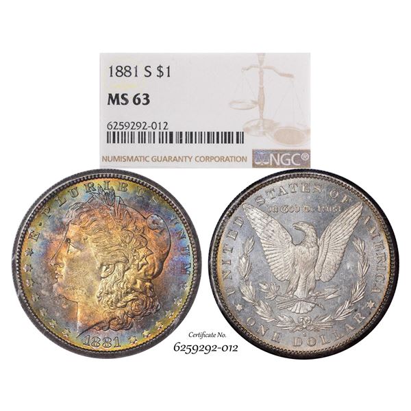 1881-S $1 Morgan Silver Dollar Coin NGC MS63 Amazing Toning