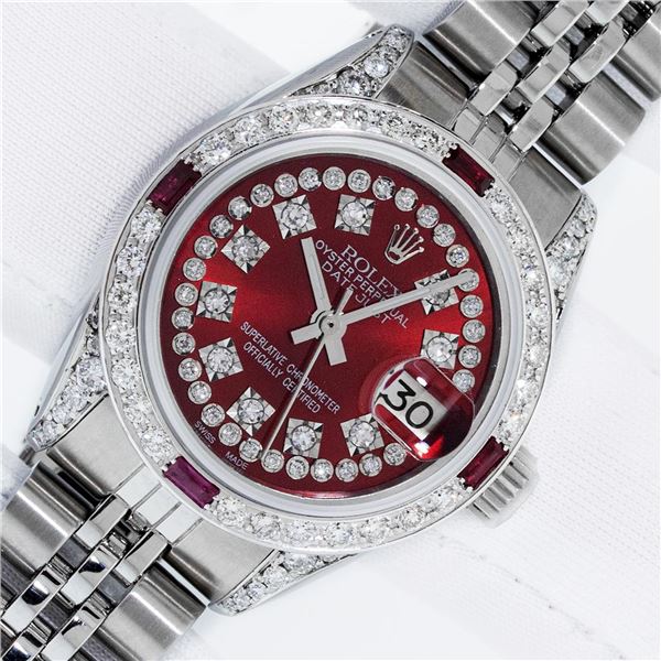 Rolex Ladies Stainless Steel Ruby & Diamond Datejust Watch With Rolex Box